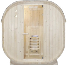 Drevená sudová sauna so sklenenými dverami a stoličkou