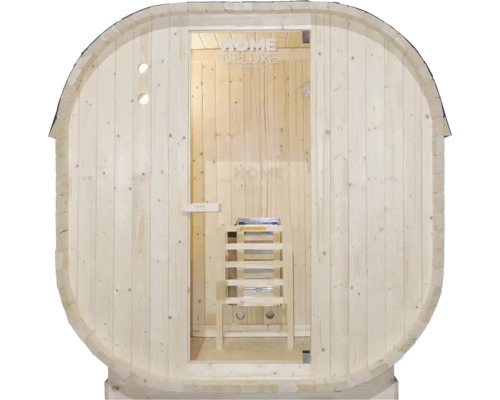Drevená sudová sauna so sklenenými dverami a stoličkou