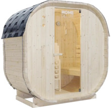 Sudová sauna so sklenenými dverami a šindľovou strechou