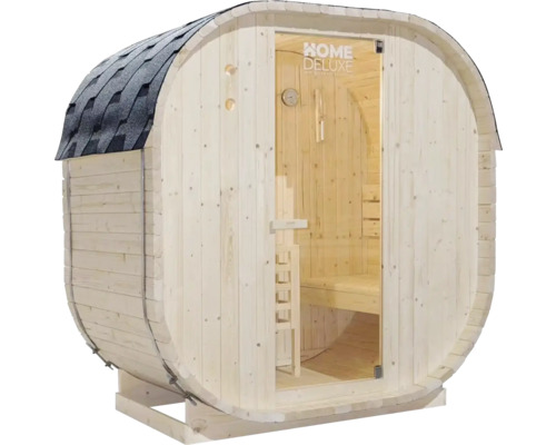 Sudová sauna so sklenenými dverami a šindľovou strechou