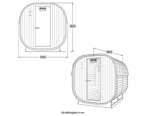 Technický nákres sauny v tvare suda s rozmermi