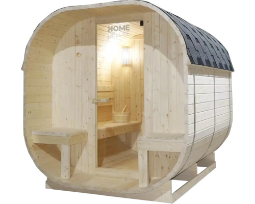 Drevená sudová sauna so sklenenými dverami a strešnými šindľami
