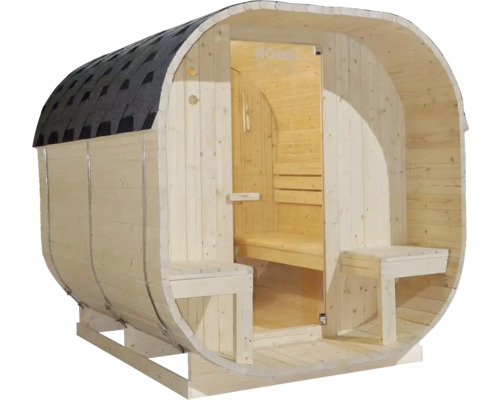 Sauna z dreveného suda so strešnými šindľami a lavicami