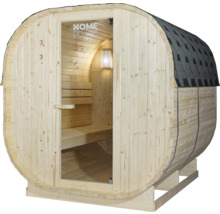 Sudová sauna z dreva so sklenenými dverami a šindľovou strechou