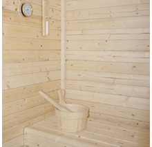 Drevená sauna s dreveným vedrom, naberačkou, presýpacími hodinami a teplomerom