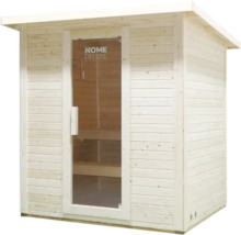 Drevená sauna so sklenenými dverami a logom Home Deluxe