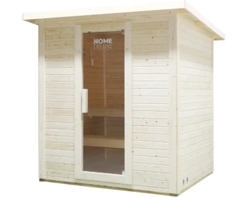 Drevená sauna so sklenenými dverami a logom Home Deluxe