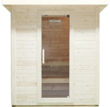 Sauna z dreva so sklenenými dverami a logom Home Deluxe