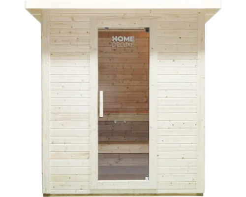 Sauna z dreva so sklenenými dverami a logom Home Deluxe