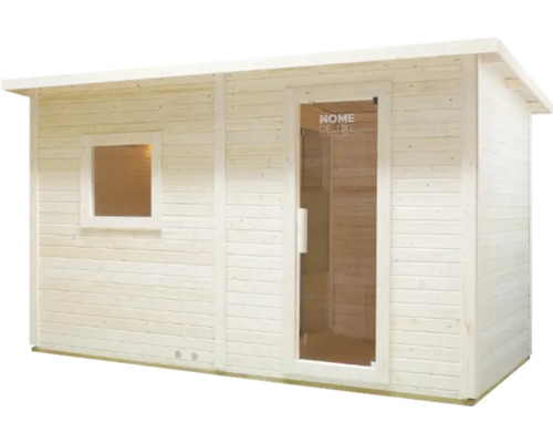 Drevená sauna s oknom a sklenenými dverami