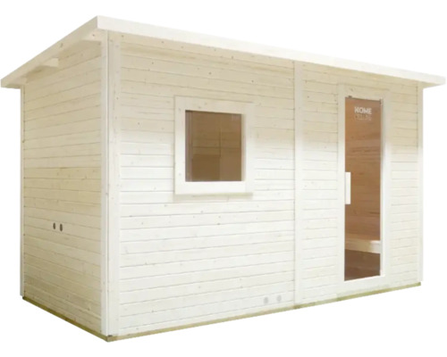 Drevená sauna s oknom a sklenenými dverami
