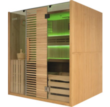 Drevená sauna so sklenenými dverami a vnútorným osvetlením