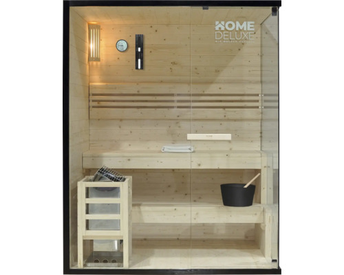 Drevená sauna s kachľami, vedrom, naberačkou, presýpacími hodinami, teplomerom a vlhkomerom