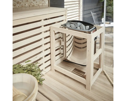 Sauna s kachľami, saunové kamene a drevené príslušenstvo