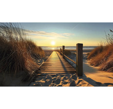 Drevená lávka na pláži s trávou v dunách a západom slnka