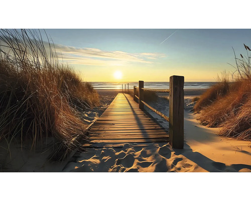 Obraz na plátne Molo 70 x 110 cm Drevená lávka na pláži s trávou v dunách a západom slnka