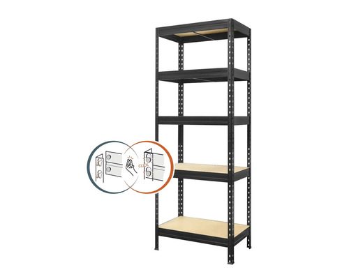 Kovový regál Kovona Praktik VRPRV1800753505C0001 1800x750x350 mm 5 políc čierny Čierny zásuvný regál s piatimi úrovňami a ilustráciou jednoduchej montáže.
