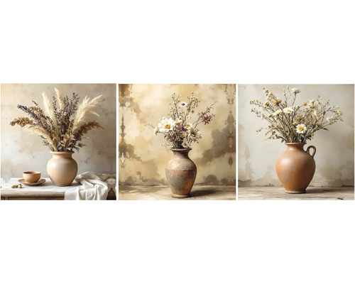 Obraz na stenu sada Váza 30 x 90 cm Tri vázy s kvetinovými aranžmánmi na stole.
