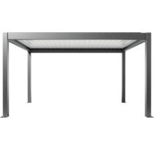 Voľne stojaca sivá pergola s lamelovou strechou.