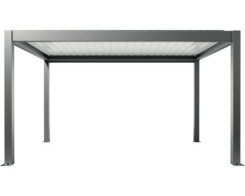 Voľne stojaca sivá pergola s lamelovou strechou.