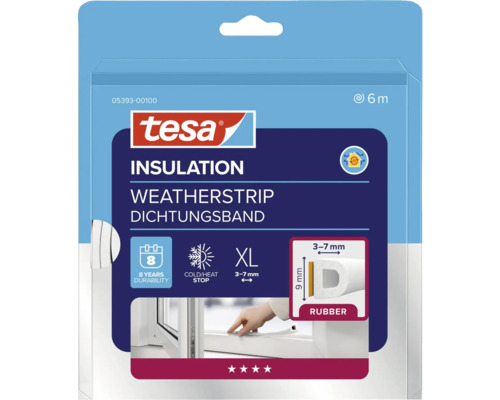 Okenné a dverné tesnenie guma-D profil biele 9 mm, 6 m Tesniaca páska Tesa pre okná a dvere, vhodná pre 6 metrov, XL