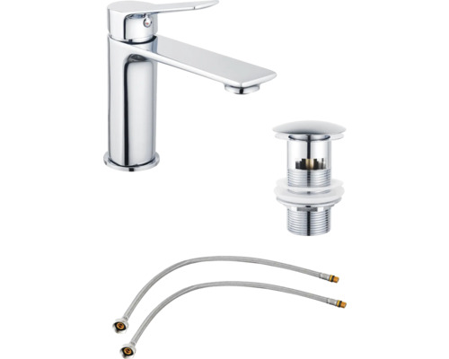 Umývadlová batéria s odtokovou súpravou a flexibilnými pripojovacími hadicami