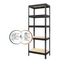 Čierny kovový regál s piatimi policami a ilustráciou pre jednoduchú montáž.