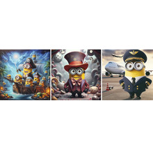 Tri zobrazenia Mimoňov v rôznych kostýmoch: piráti, riaditeľ cirkusu a pilot.