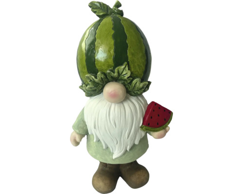 Záhradný trpaslík s melónom ako hlavou a melónom v ruke