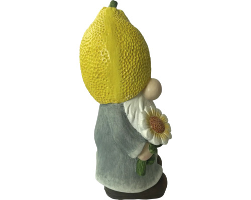 Záhradný trpaslík s citrónom ako hlavou a slnečnicou v ruke