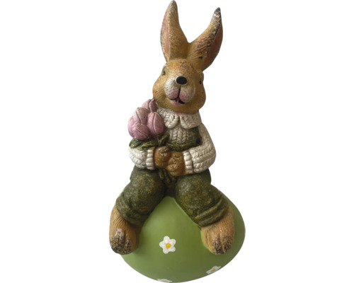 Figúrka zajac na vajíčku Lafiora 19,2 x 16,5 x 35 cm zelený Dekoratívna veľkonočná zajačia figúrka s kyticou a vajíčkom