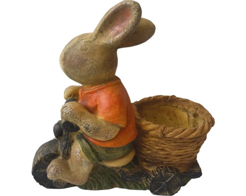 Dekoratívna figúrka zajačika na motorke s košíkom do záhrady