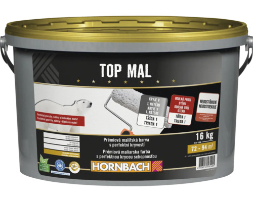 Prémiová farba na stenu Top Mal HORNBACH biela bez konzervantov 16 kg Vedro s farbou s logom Hornbach na vnútorné použitie