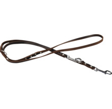 Hnedé kožené vodítko pre psy so striebornými kovaniami.
