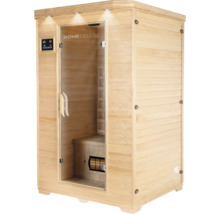 Drevená sauna so sklenenými dverami a digitálnym ovládacím panelom