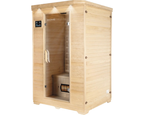 Drevená sauna so sklenenými dverami a digitálnym ovládacím panelom