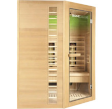 Infrasauna z dreva so sklenenými prvkami a logom Home Deluxe