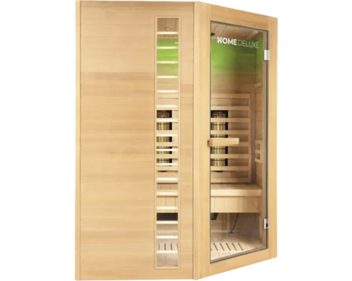 Infrasauna z dreva so sklenenými prvkami a logom Home Deluxe