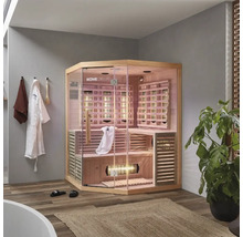 Rohová infra sauna Home Deluxe so sklenenými dverami a dreveným obkladom v kúpeľni