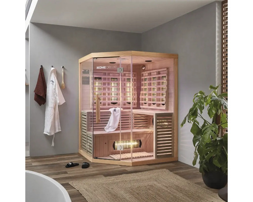 Rohová infra sauna Home Deluxe so sklenenými dverami a dreveným obkladom v kúpeľni
