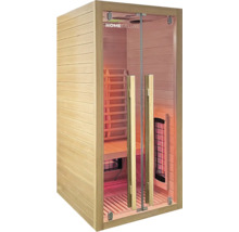 Infrasauna z dreva so sklenenými dverami a drevenými rúčkami
