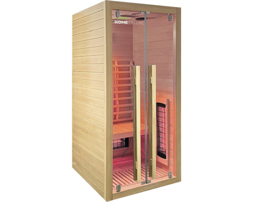 Infrasauna z dreva so sklenenými dverami a drevenými rúčkami