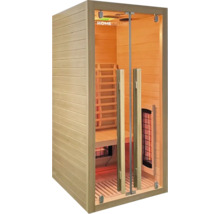Drevená infračervená sauna so sklenenými dverami a interiérom