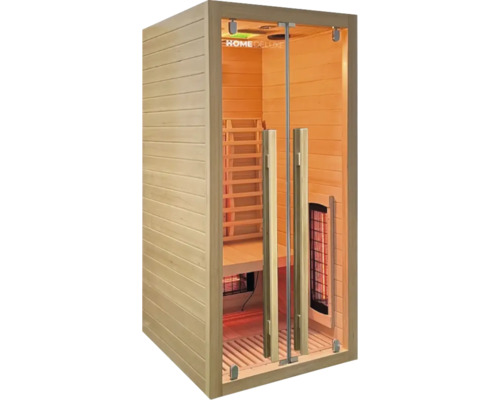 Drevená infračervená sauna so sklenenými dverami a interiérom