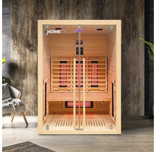 Drevená infračervená sauna so sklenenými dverami a logom Home Deluxe.
