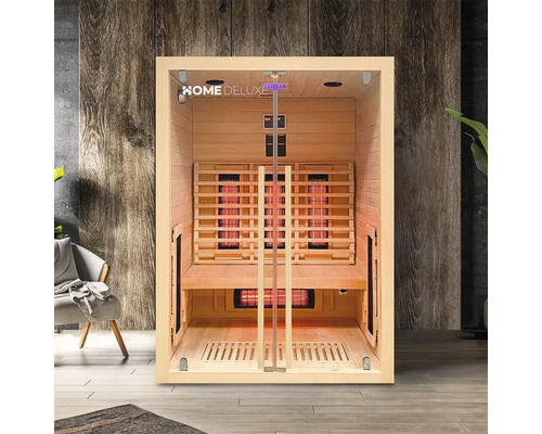 Drevená infračervená sauna so sklenenými dverami a logom Home Deluxe.