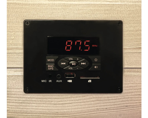 Čierny audio modul s digitálnym displejom a ovládacími prvkami.
