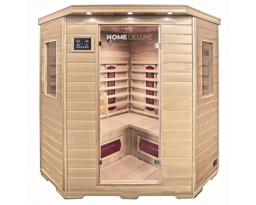Drevená infra sauna so sklenenými vstupnými dverami a ovládacím panelom
