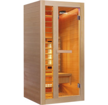 Infračervená sauna so sklenenými dverami a dreveným obkladom.