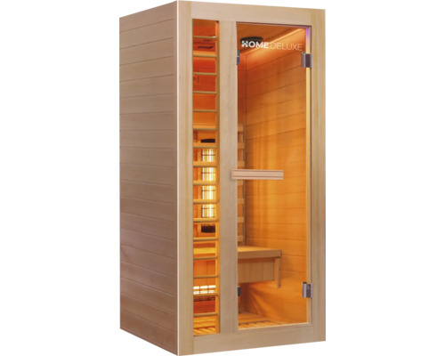 Infračervená sauna so sklenenými dverami a dreveným obkladom.